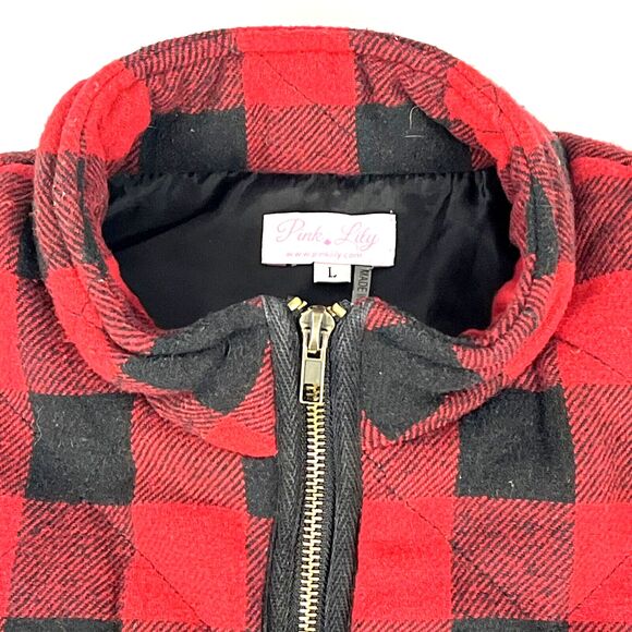 Pink Lily Flannel quilted Vest Red Black Buffalo Plaid Check Womens SZ LG - Picture 4 of 9